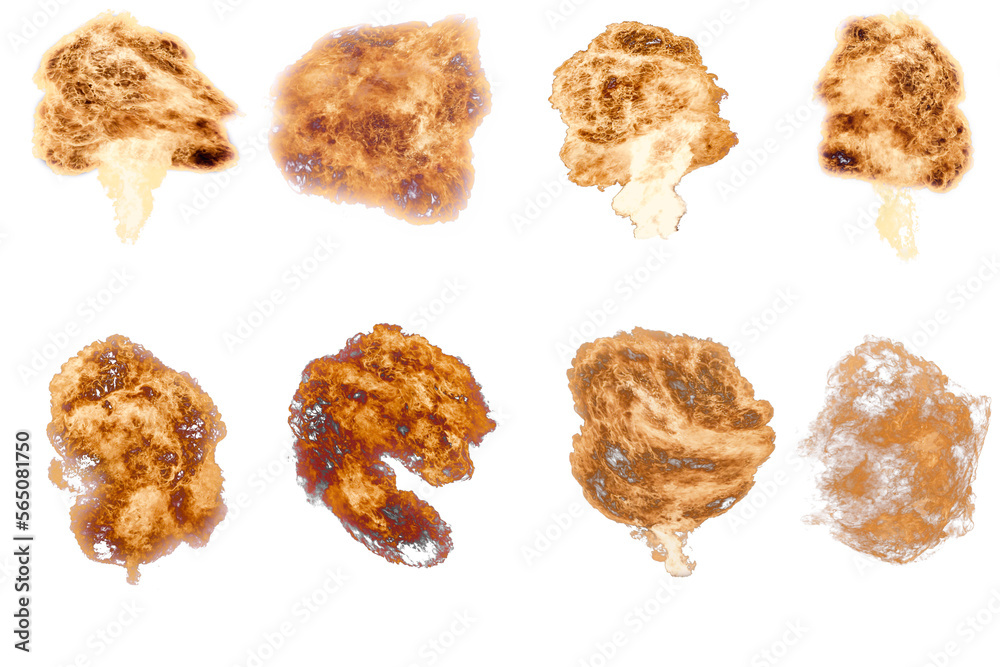 Collection of nuclear bomb explosions. Fire mushroom with smoke and flames on a transparent background