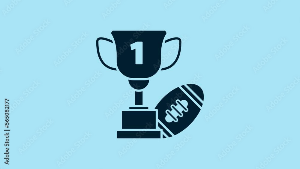 Blue Award cup and American football ball icon isolated on blue background. Winner trophy symbol. Championship or competition trophy. 4K Video motion graphic animation Blue Award cup and American football ball icon isolated on blue background. Winner trophy symbol. Championship or competition trophy. 4K Video motion graphic animation