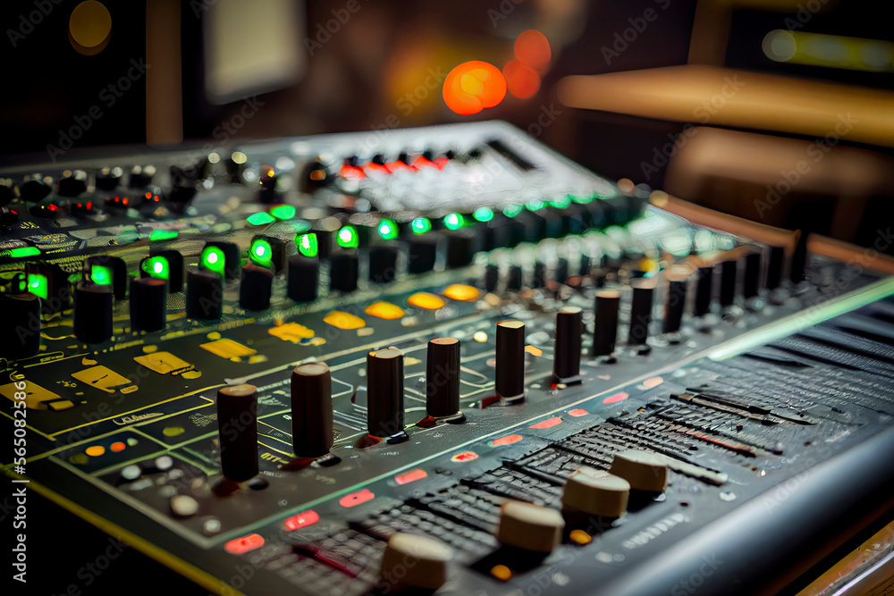Sound mixer closeup and defocused music club on background