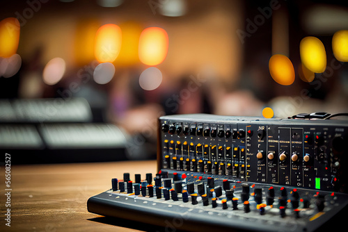 Sound mixer closeup and defocused music club on background