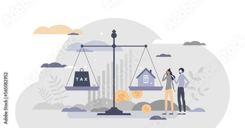 Property tax as heavy government home expenses burden tiny person concept, transparent background. Financial payment as scales with house and weight comparison illustration.