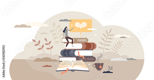 Reading books and literature passion or education study tiny person concept, transparent background. Love to learn and expand horizon with information or knowledge research illustration.