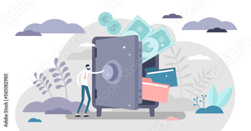 Bank safe with secured money and valuables in security flat tiny persons concept, transparent background. Financial protection with insurance and wealth savings locked in trusted place.
