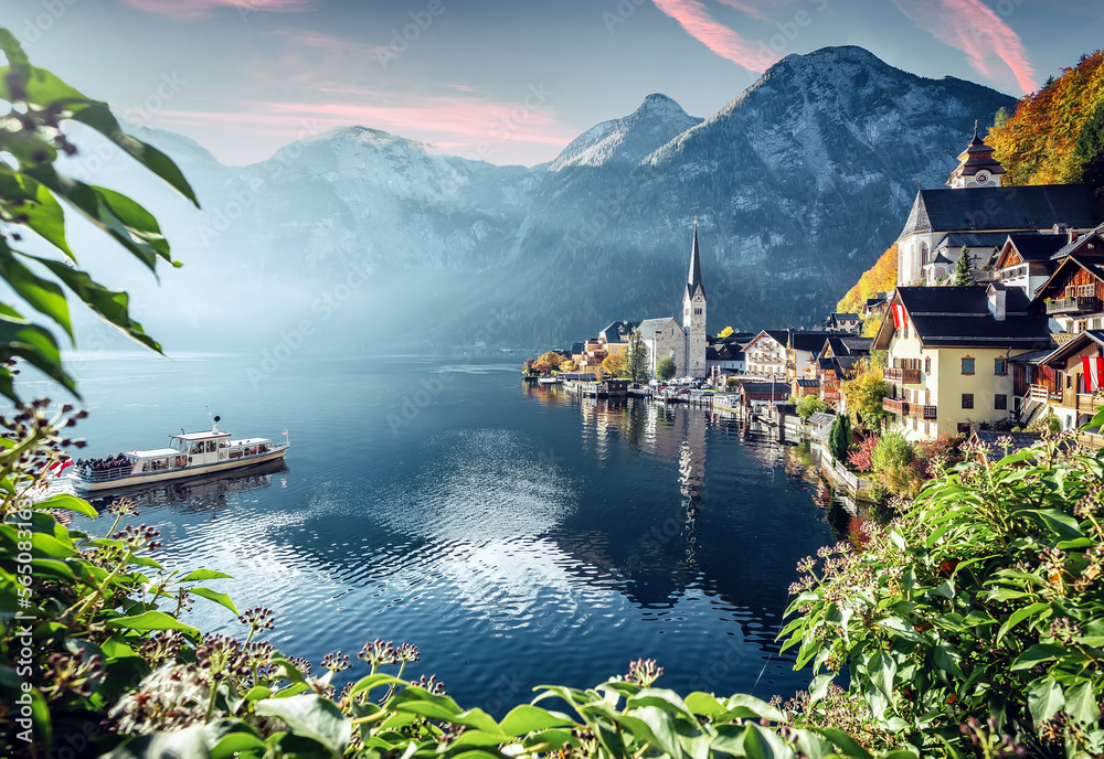 Beautiful Sunny Landscape Of Hallstatt Mountain Village With 