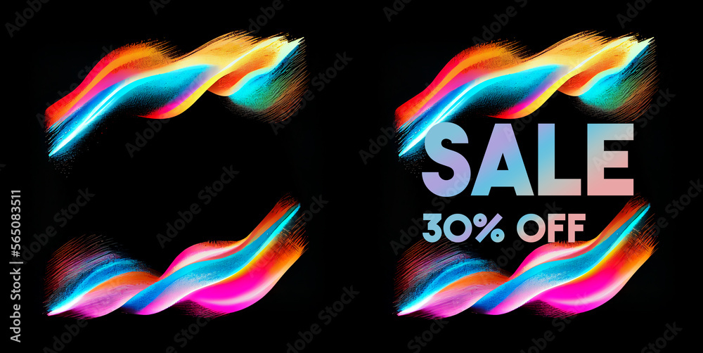 Obraz premium shop now sale savings 30 percent off sign holographic gradient over art white brush strokes acrylic paint on black background illustration. Generating Ai.