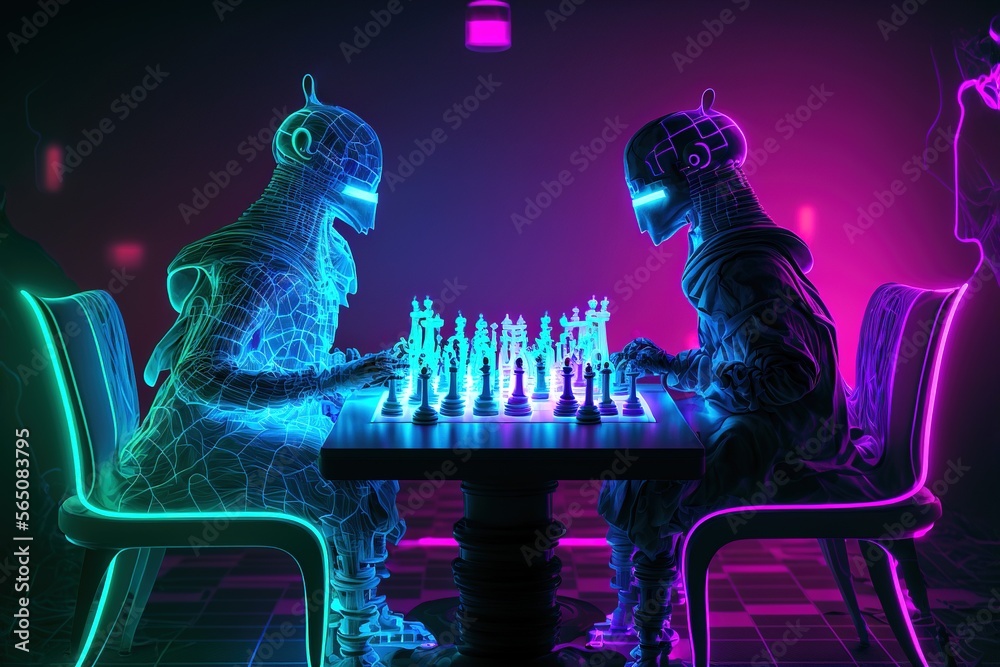 A futuristic chess board with neon lights and unique pieces against a  cosmological background