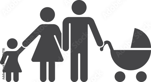 Parents with kid and baby carriage. Family with newborn black icon