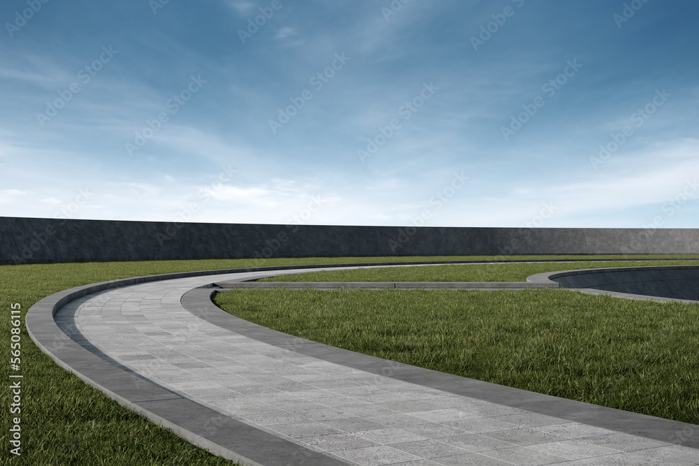 Empty curved concrete walkway and grass turf. 3d rendering of abstract space with blue sky background.