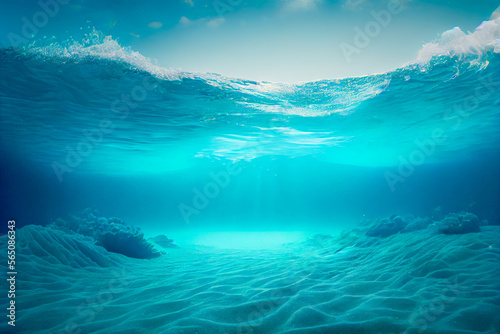 blue ocean surface seen from underwater. underwater background bottom and waves. 3D illustration. Generative AI © mila103