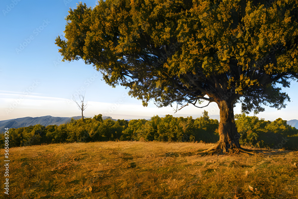 Realistic illustration of a tree on a hill or field, Generative AI Realistic illustration of a tree on a hill or field, Generative AI
