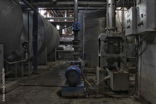 Steel pipes, tubes, steam turbine, valves, machinery, cables of modern factory. Gas boiler room of industrial zone power plant. Pump engineering station. Technical equipment system. Energy concept.