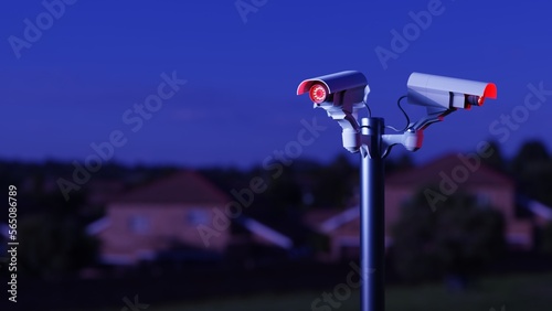 Surveillance cameras in a public space of a residential neighborhood at night. Digital 3D rendering.