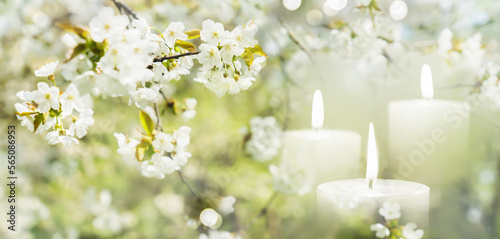 beautiful flowering tree in spring with burning white candles decoration on blurred garden background, beautiful contemplative atmosphere outside in nature photo