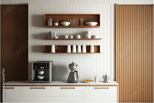 white wall panelling with wooden shelf in kitchen
