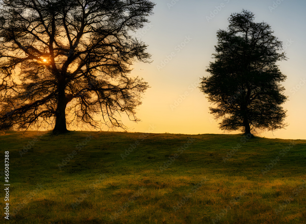 Realistic illustration of a tree on a hill or field, Generative AI Realistic illustration of a tree on a hill or field, Generative AI