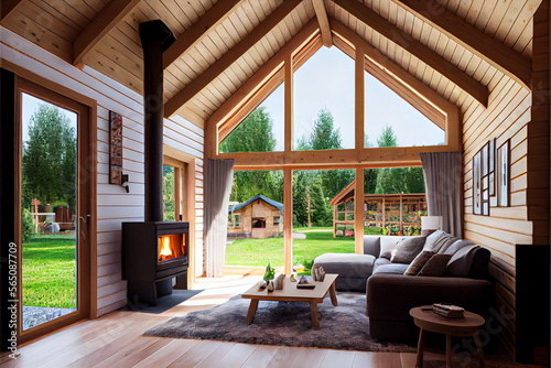 The interior of a wooden house - a chalet with a fireplace  firewood  a sofa and other furniture overlooking the summer yard and the green forest.