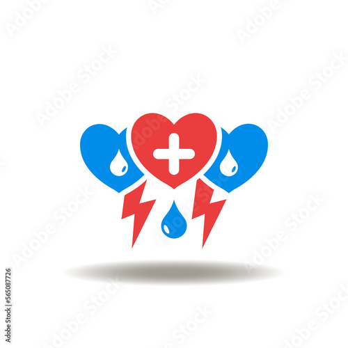 Vector illustration of hearts with medical cross, rain drops and lightning. Icon of mental health.