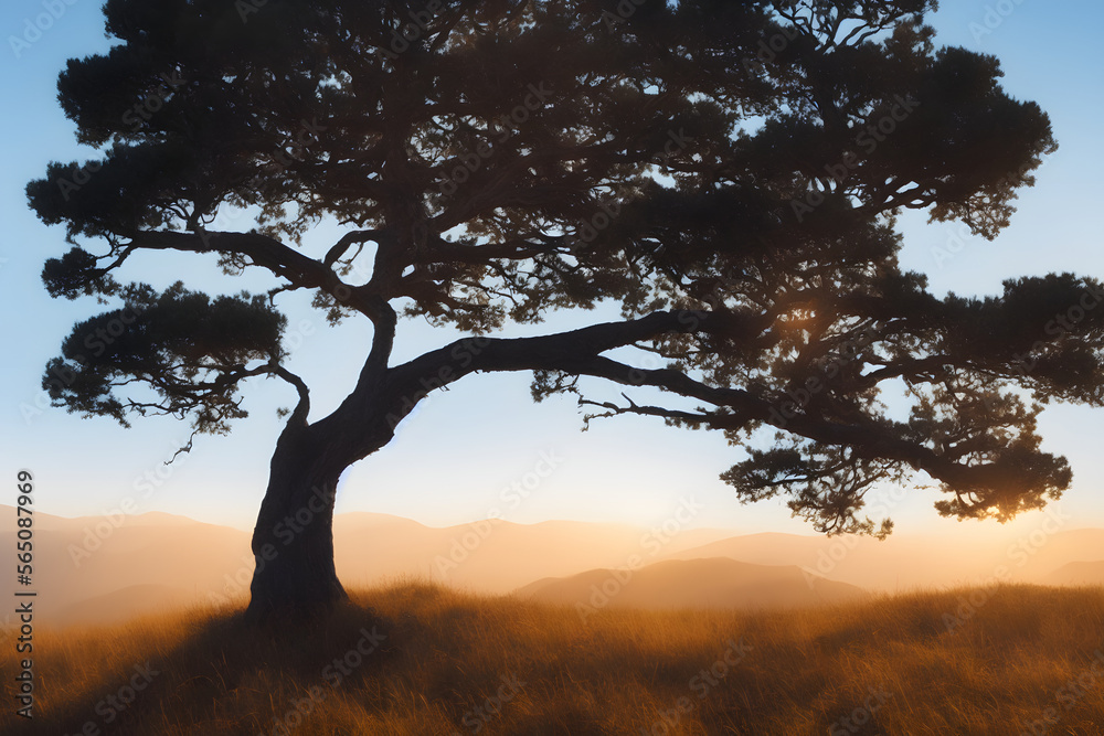 Realistic illustration of a tree on a hill or field, Generative AI