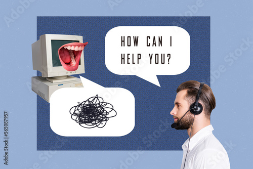 Composite collage picture image of young call center worker listening annoyed irritated mouth customer how can I help you patient calm