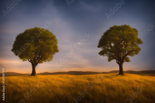 Realistic illustration of a tree on a hill or field, Generative AI