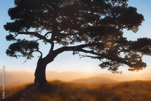 Obraz na płótnie Realistic illustration of a tree on a hill or field, Generative AI w salonie