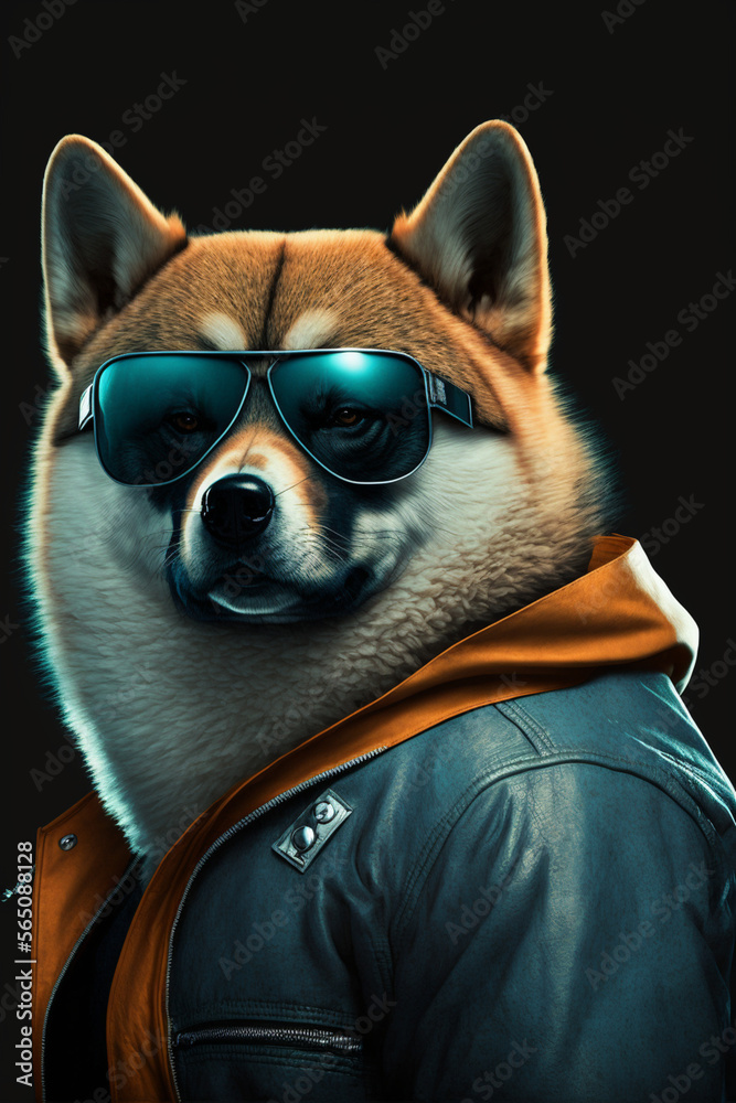 Portrait of a Akita dog wearing a jacket and sunglasses. Generative ai