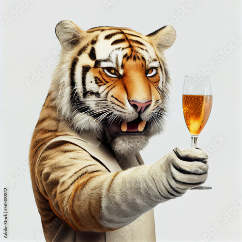 Serious tiger bear panda holding a glass of champagne. The concept of congratulations  holiday. Striped tiger with a glass.