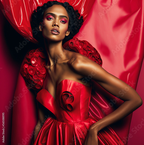 fashion and vogue, an attractive woman with dark skin tone and slim body wears abstract creative red dress and looks laissez faire. Generative AI photo
