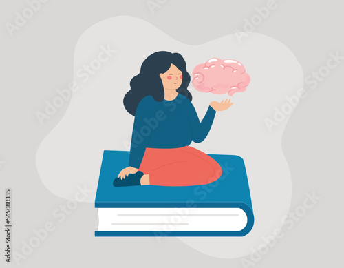 Woman sits on a giant book and holds a big brain. Young girl or student fan of literature shows the importance of reading books and education. Concept of learning and academic studies.