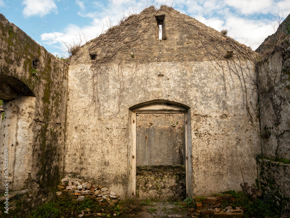 Ancient fortress ruined stone house inside view