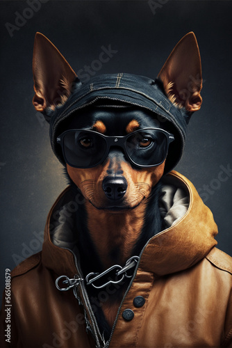 Portrait of a Pinscher dog wearing a jacket and sunglasses. Generative ai