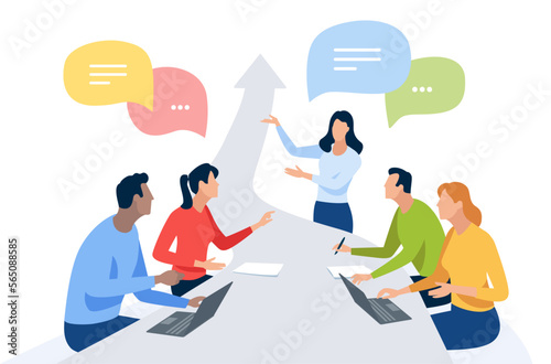 Successful color ideas. Female teacher, team and rising arrow sign. Vector illustration