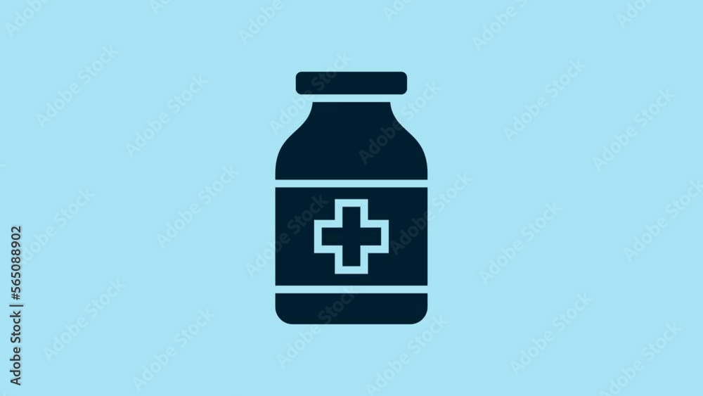 Blue Medicine bottle icon isolated on blue background. Bottle pill sign. Pharmacy design. 4K Video motion graphic animation