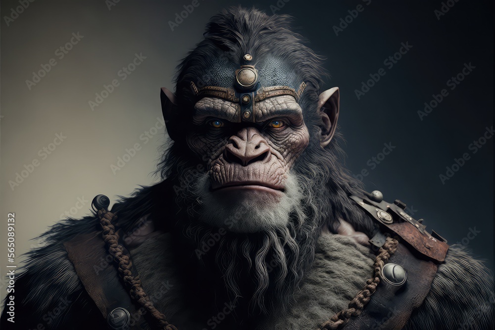 Portrait of a deep looking warrior ape created with generative ai technology.