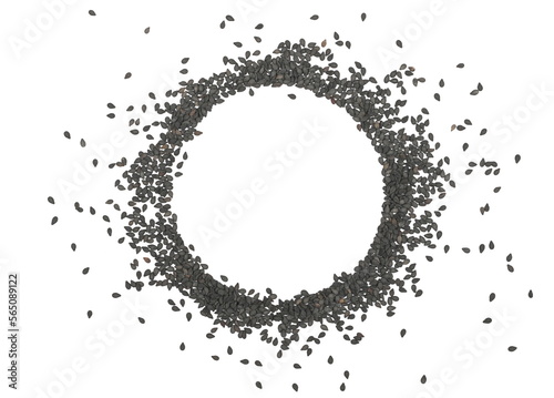 Black sesame seeds pile, round isolated on white, top view