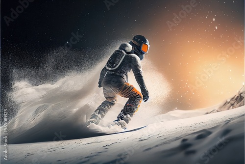 Snowboarder on the slope jumping in the mountains. Generative AI