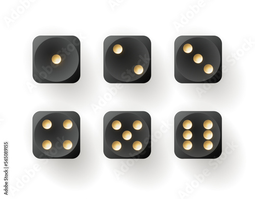 Dice of vector gambling games design, casino, craps and poker, tabletop or board games. Realistic black cubes