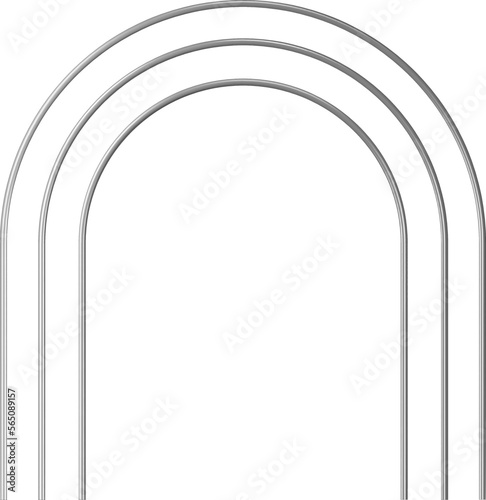 Silver arches. Thin rounded luxury metal frames as podium edging, shiny door, geometric border, elegant stage decoration