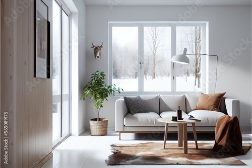 Modern white living room. Hi-tech scandinavian style. Generative AI