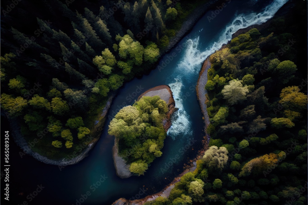 Aerial view shot of the forest river in spring. Rocks and water. Generative AI