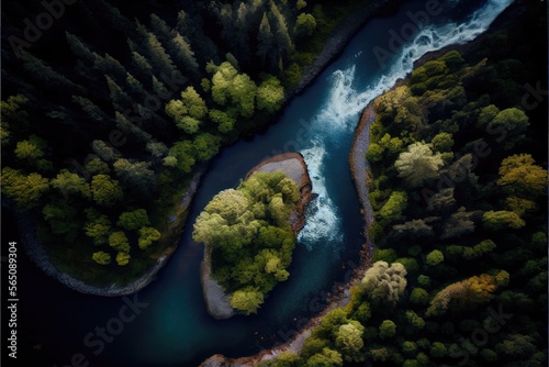 Aerial view shot of the forest river in spring. Rocks and water. Generative AI
