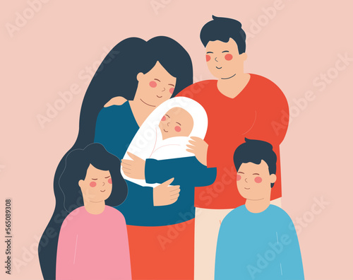 Parents embarrassing their children with love. Happy mother, father hug their daughter, son and new born baby with care. Stable family taking a picture together. Mother's Father's and Valentine's day.