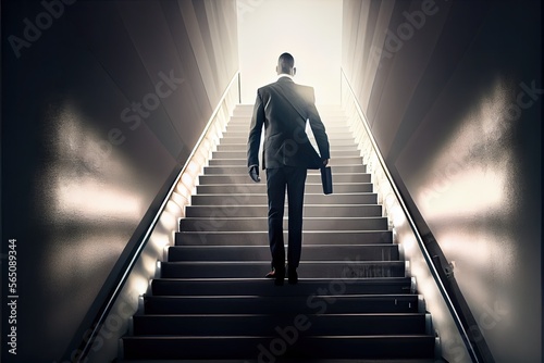 Businessman walking on stairs upstairs towards the light. Growth and business success concept. Generative AI