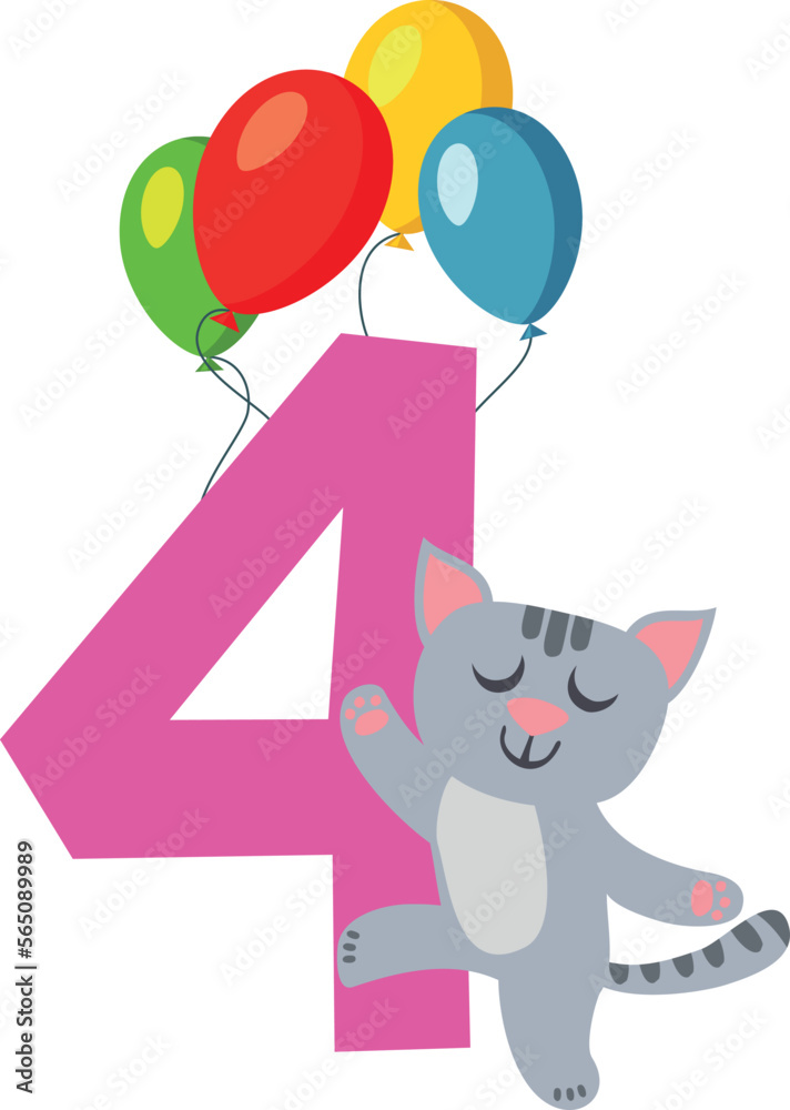 Four years birthday. Kid age number with cute cat Four years birthday. Kid age number with cute cat