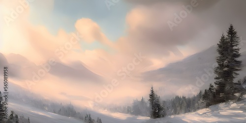 A Snow Covered Mountain With Pine Trees, Imaginative Composition Banner Background Wallpaper. Computer Graphics AI Generated © lumerb