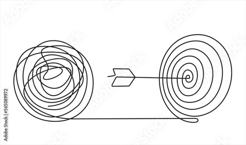 Chaos and dart board, abstract minimalist concept vector illustration. Metaphor of disorganized difficult problem mess with single continuous tangle thread in need of unraveling, found solution.