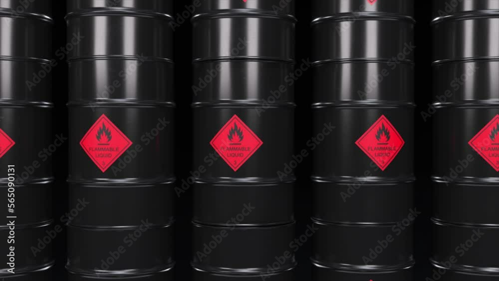 Black barrels with oil and combustibles. Flammable toxic waste. Pollution. 3d animation of seamless loop