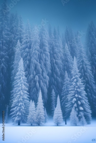 Winter landscape with fir trees, snowflakes and heavy snowfall shining stars in the sky - generative ai