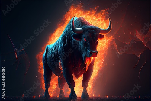 Bull in fire. Bullish market concept. Bull run. Generative AI photo