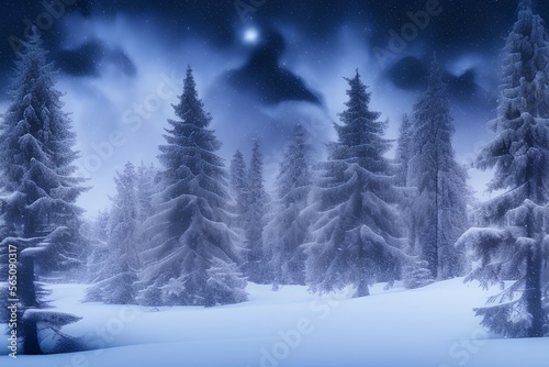 Winter landscape with fir trees, snowflakes and heavy snowfall shining stars in the sky - generative ai